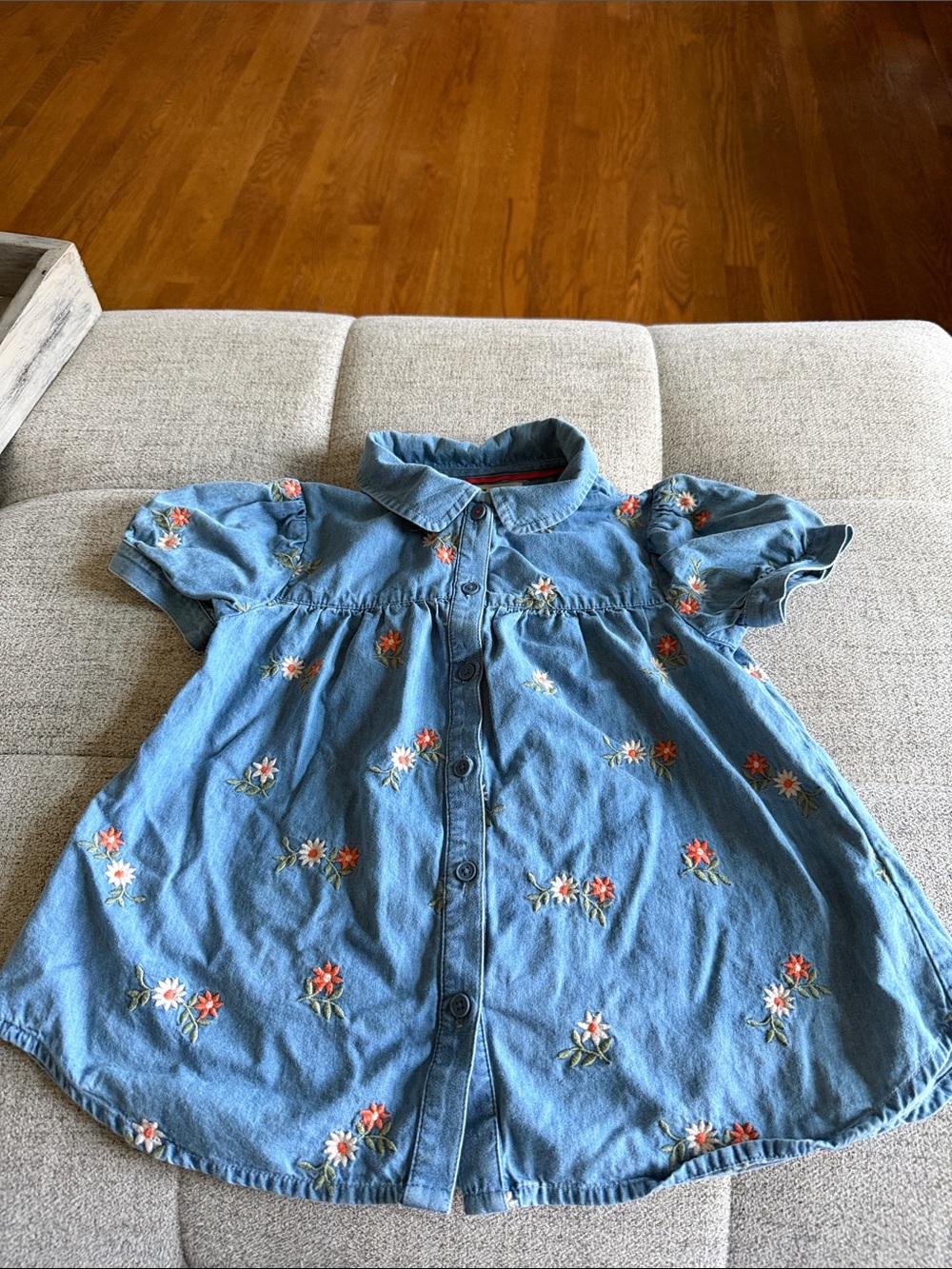 Mini Boden Girls’ Floral Embroidered Denim Shirt • Size 5–6 Years